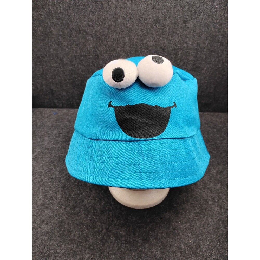 Sesame Street Cookie Monster Costume Bucket Hat Blue 3D Pompom Eyes Adult Size L